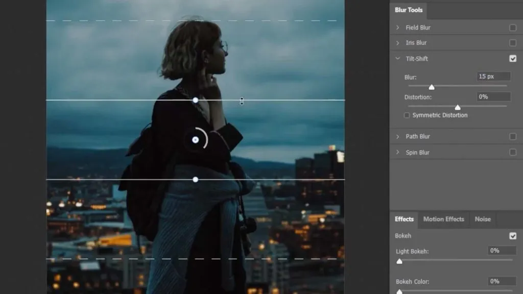 Anpassung der Tilt-Shift-Filter-Einstellungen in Photoshop für einen weichen Hintergrund