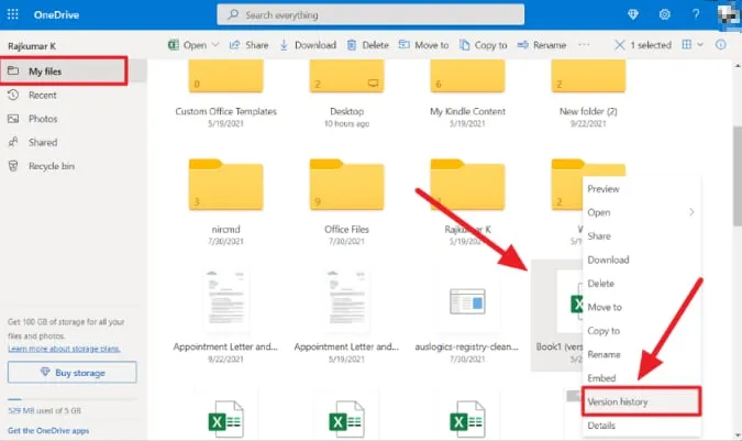 Ansicht des Versionsverlaufs einer Excel-Datei in OneDrive