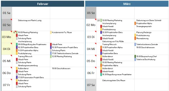Ansicht einer Zeitleiste im SmartTools Jahreskalender Pro, die Termine und Kategoriefarben aus Outlook anzeigt
