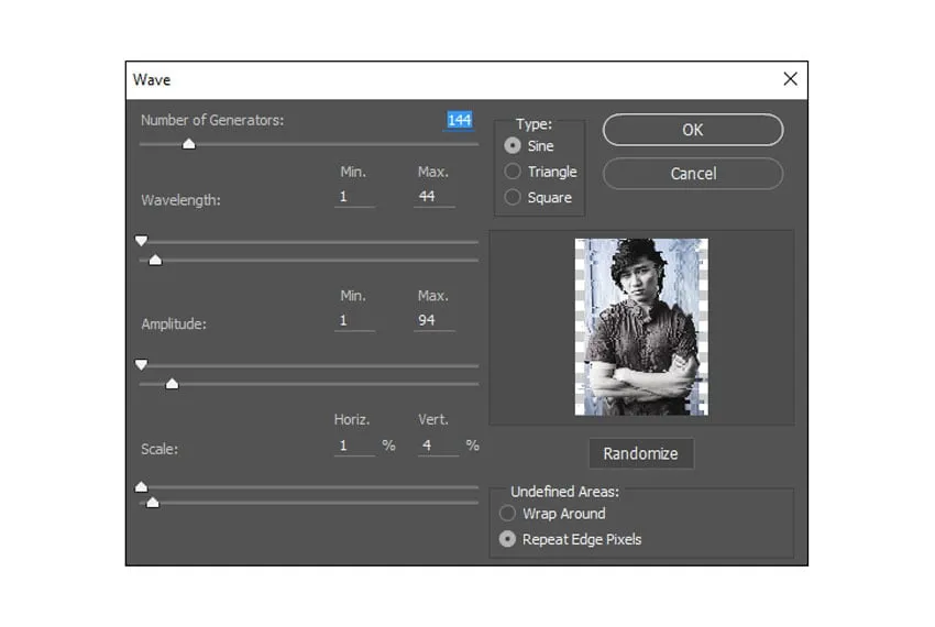 Anwenden des Wellenfilters in Photoshop zur Erzeugung einer wellenförmigen Verzerrung