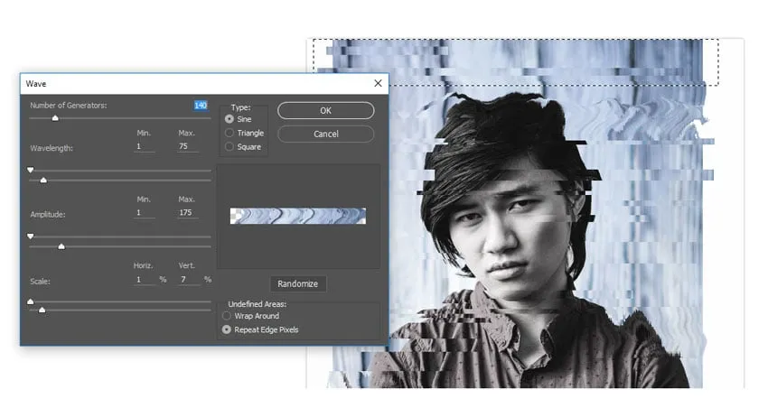 Anwenden des wellenförmigen Glitch-Effekts auf den oberen Bildbereich
