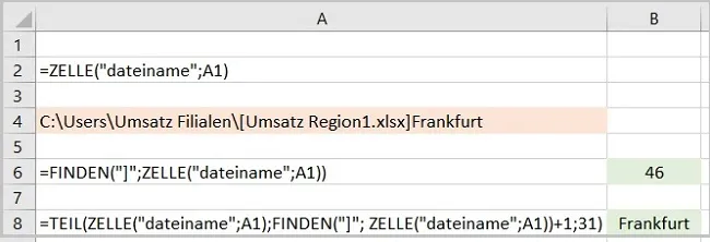 Anwendung der TEIL-Funktion zum Extrahieren des Blattnamens aus dem Pfad