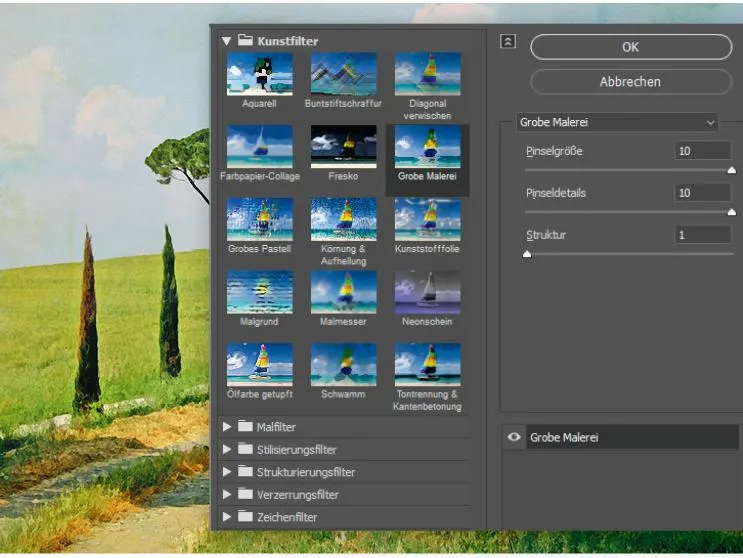 Anwendung des Kunstfilters 'Grobe Malerei' in Photoshop zur Simulation von Pinselstrichen