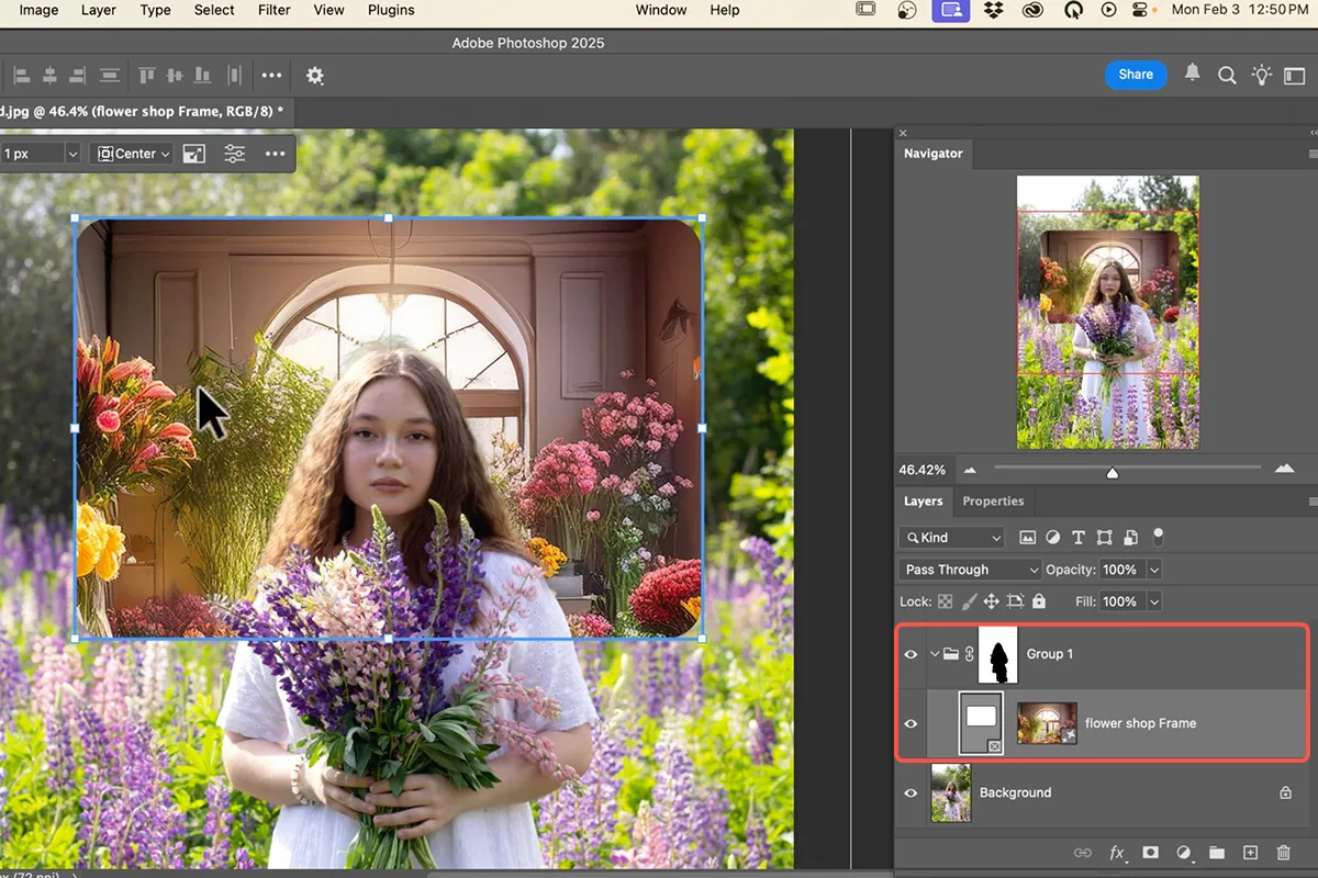 Anwendung von Masken und Effekten auf einen Photoshop-Rahmen