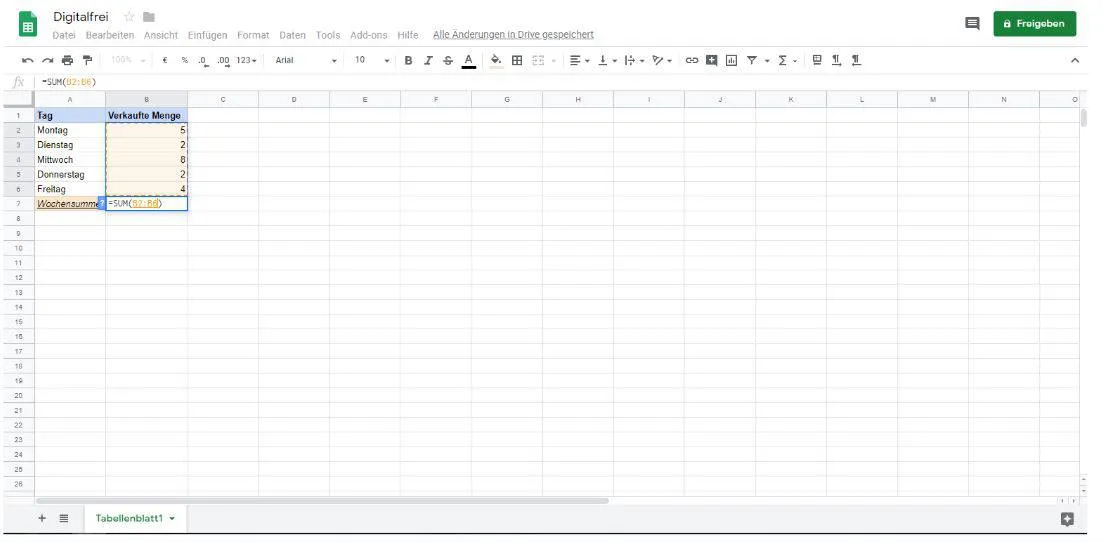 Anwendungsbeispiel der Summenformel in Google Tabellen
