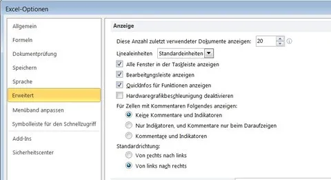 Anzeige von Excel-Kommentaren über die Optionen steuern