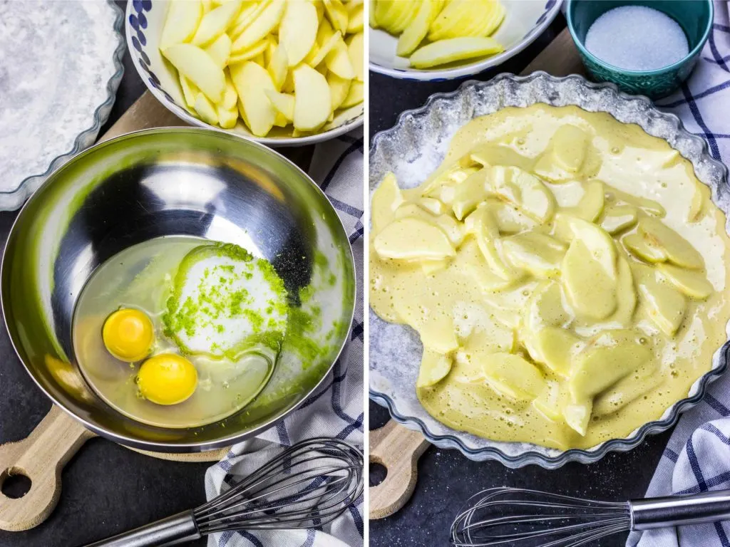 Apfelkuchen mit leicht gebräunter Kruste, zeigt die saftigen Apfelscheiben und den zarten Teig.