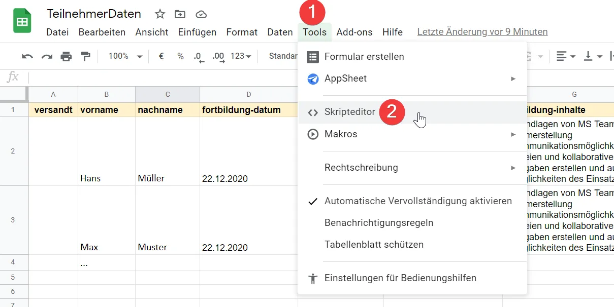 Apps Script Editor öffnen in der Google Tabelle über Erweiterungen