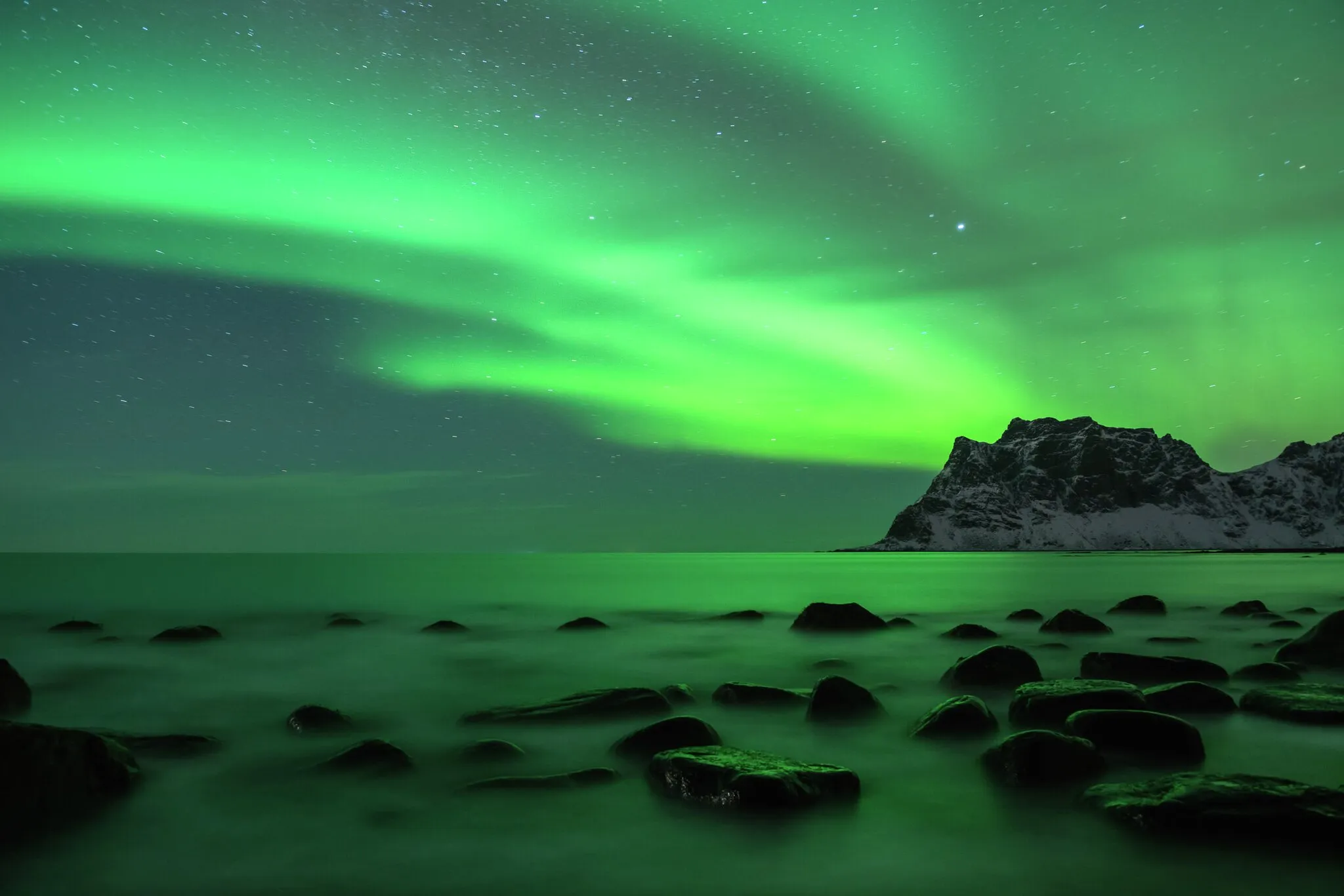 Atemberaubende Nordlichter, die grün über einem dunklen Strand und Meer tanzen