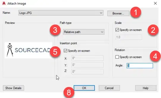Attach Image-Dialog für Bilddateien in AutoCAD mit Skalierungs- und Pfadoptionen