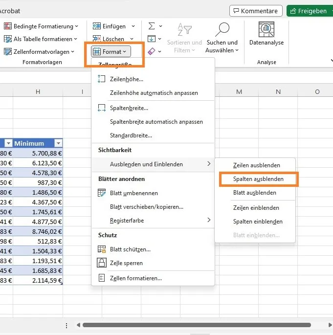 Ausgeblendete Spalten in Excel