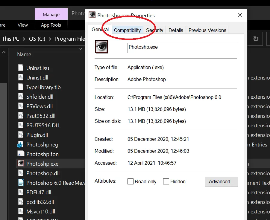 Auswahl der Registerkarte "Kompatibilität" in den Eigenschaften der Datei