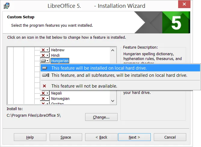 Auswahl des ungarischen Wörterbuchs im LibreOffice Installationsassistenten