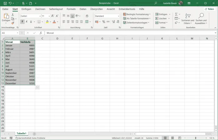 Auswahl des Zellbereichs und Formatierung als Tabelle in Excel mit abwechselnden Farben