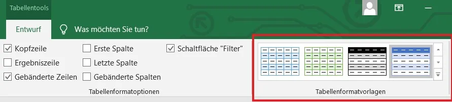 Auswahl verschiedener Tabellenformatvorlagen in Excel