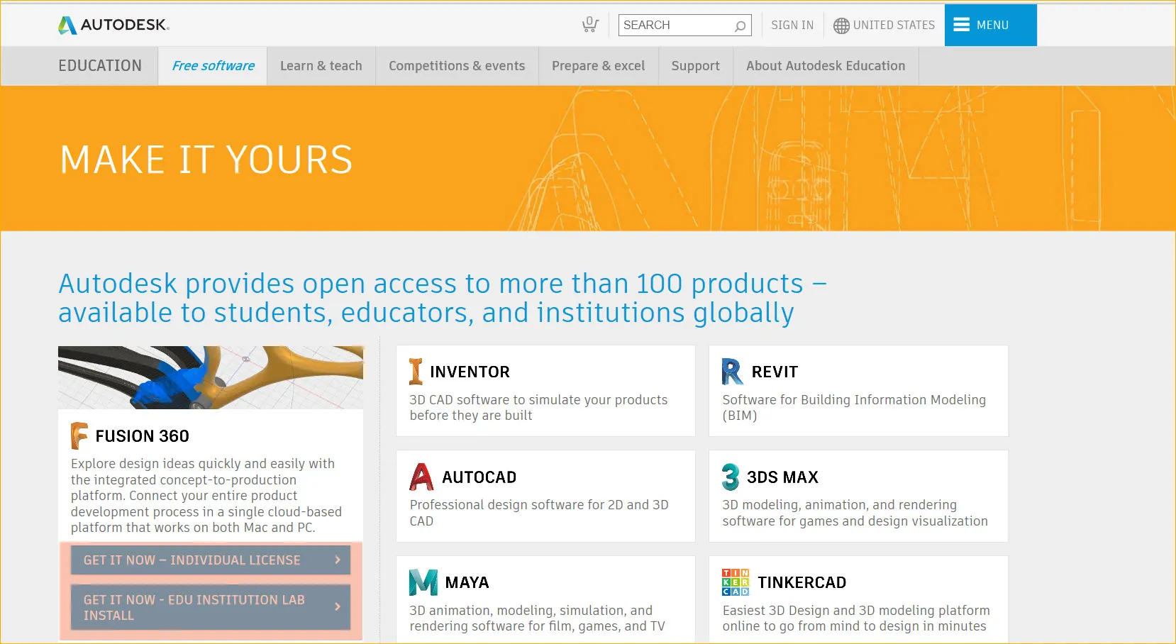 Auswahl zwischen individueller oder institutioneller Option für die Autodesk-Lizenz auf dem Portal