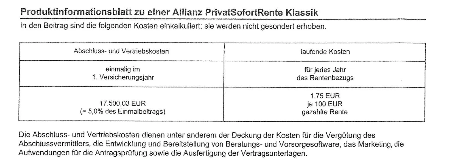 Auszug aus dem Produktinformationsblatt der Allianz zur Sofortrente, welches die Kosten aufzeigt