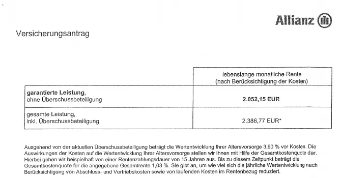Auszug aus den Versicherungsunterlagen der Allianz zur Sofortrente mit Leistungsübersicht