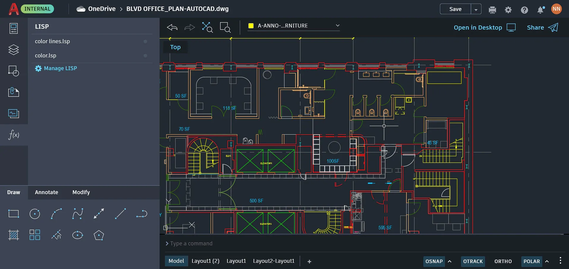 AutoCAD-Oberfläche mit einem Grundrisszeichnung