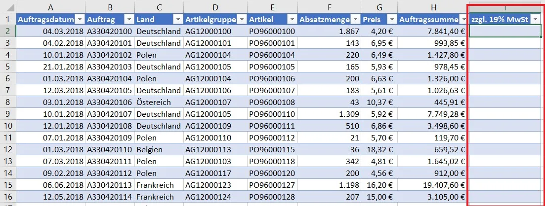 Automatische Erweiterung einer intelligenten Tabelle beim Hinzufügen einer neuen Spalte
