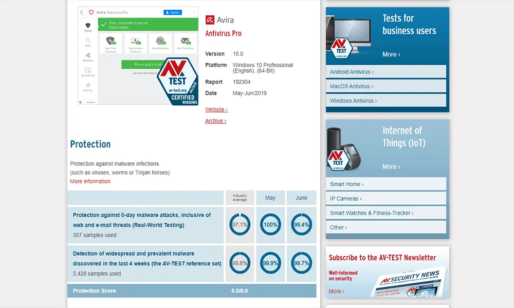 AV-Test Ergebnisse für Avira im Juni 2019
