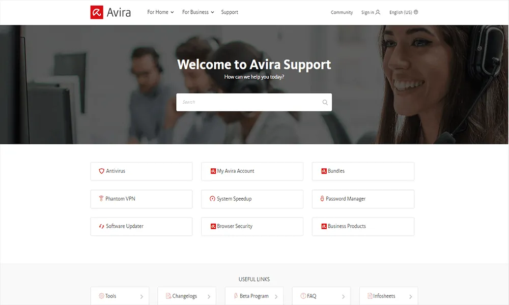 Avira Support-Seite mit Wissensdatenbank und Kontaktoptionen