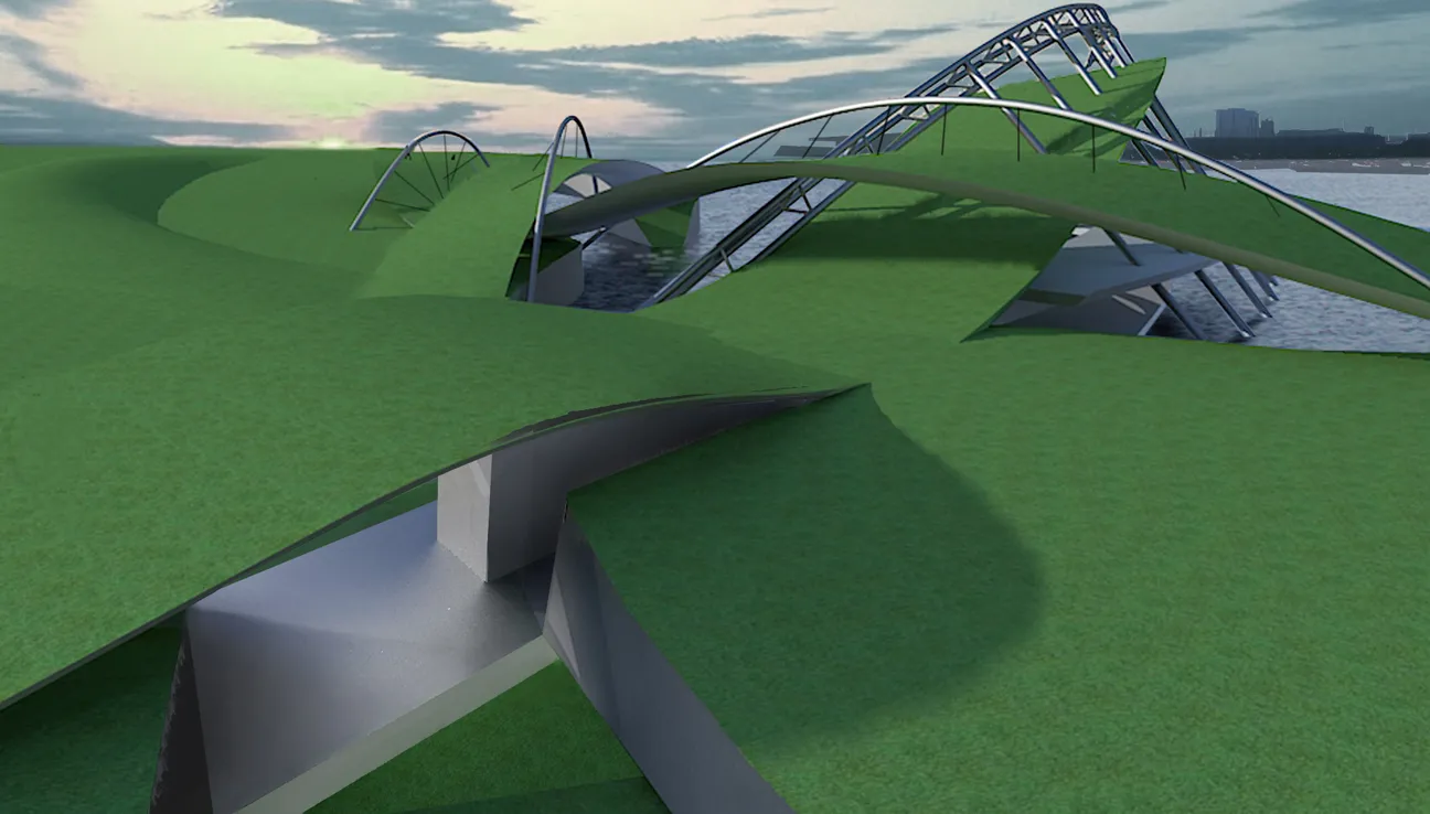 Basis-Kerkythea-Rendering mit nachträglich hinzugefügtem Himmel und Hintergrundelementen in Photoshop