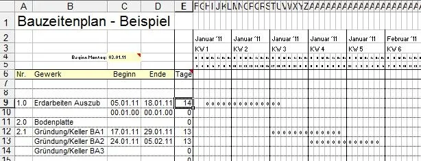 Bauzeitenplan mit berechneter Arbeitstageanzahl