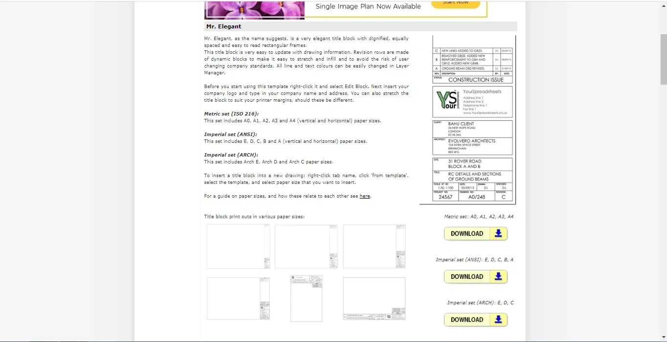 Beispiel der kostenlosen Titelblock-Vorlage 'Mr. Elegant' auf der Yourspreadsheets-Website.