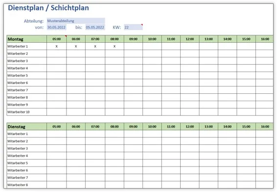 Beispiel einer übersichtlichen Dienstplan-Excel-Vorlage.