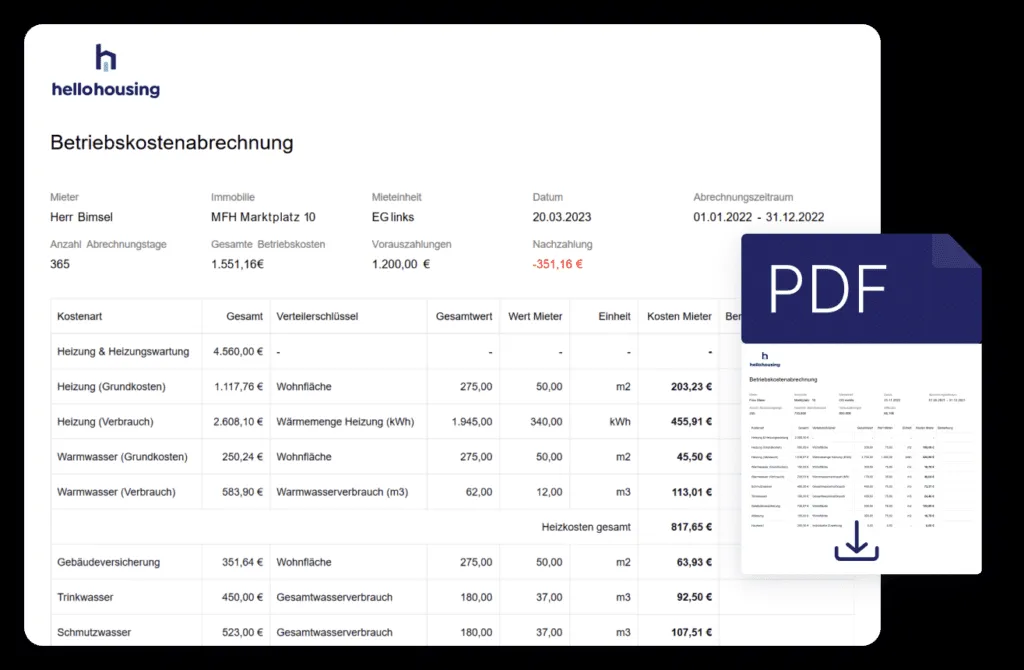 Beispiel einer vollständigen Nebenkostenabrechnung von hellohousing als PDF zum Herunterladen