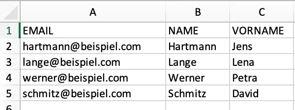 Beispiel einer vorbereiteten Adressliste im CSV-Format für Serienmails