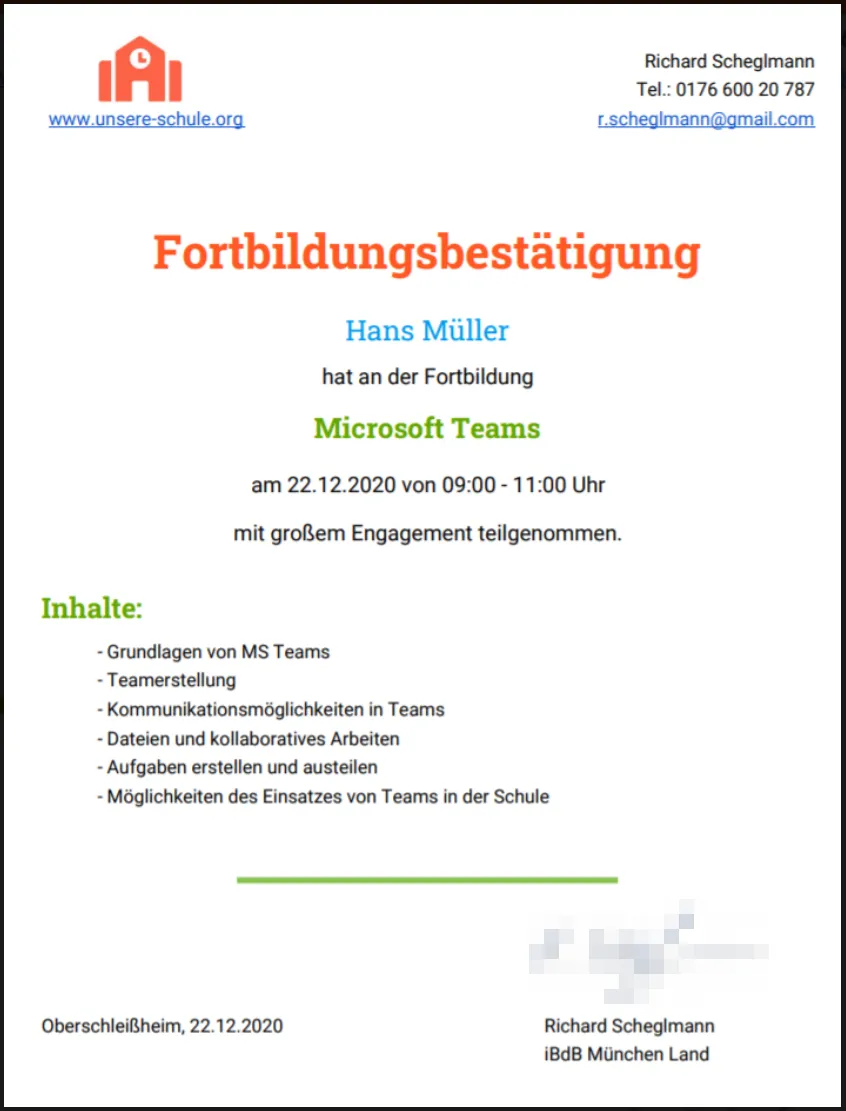 Beispiel für die ausgefüllte Fortbildungsbestätigung als PDF