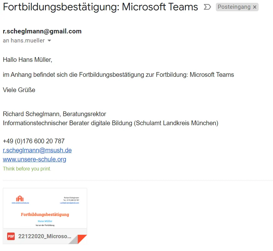 Beispiel für die personalisierte gesendete E-Mail mit PDF-Anhang