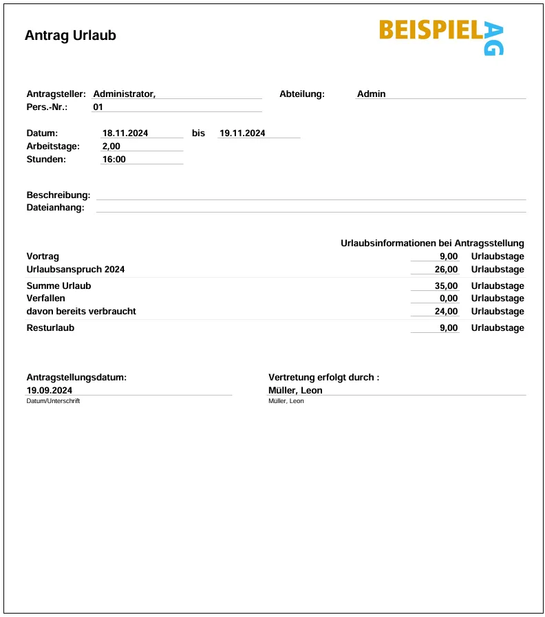 Beispiel für einen korrekt ausgefüllten Urlaubsantrag