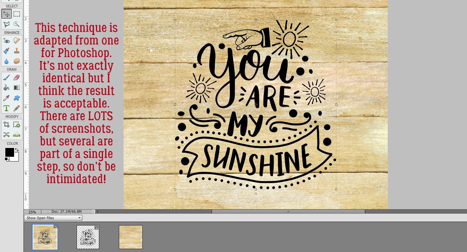 Beispiel-Wordart auf Holzmaserung vor der Bearbeitung mit dem Holzbrenneffekt