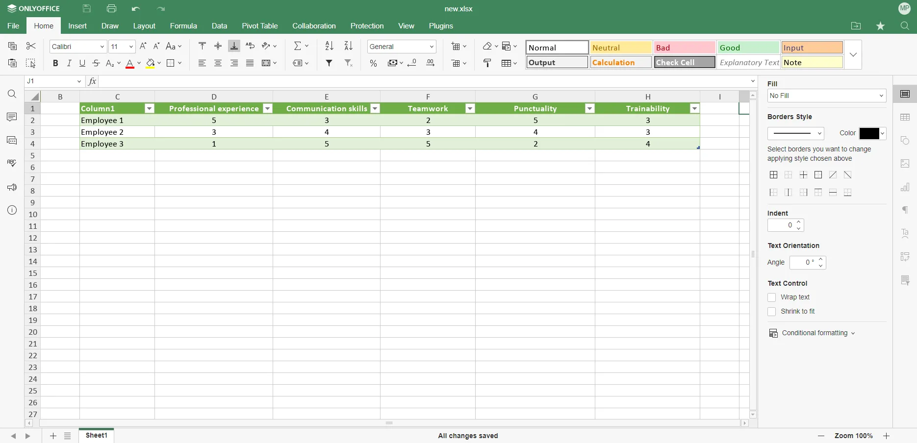Beispieltabelle zur Mitarbeiterbewertung in Excel für die Vorbereitung des Radardiagramms