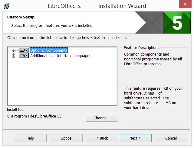 Benutzerdefinierte Einrichtung des LibreOffice Installationsassistenten zur Funktionsauswahl