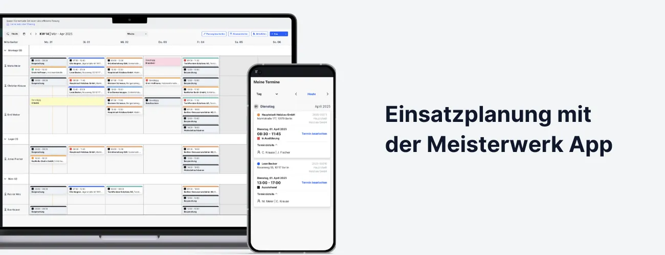 Benutzerfreundliche Oberfläche der Meisterwerk App für effiziente Personal- und Einsatzplanung