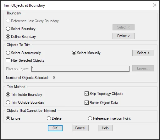 Benutzeroberfläche des Boundary Trim Befehls in AutoCAD Map 3D mit Optionen