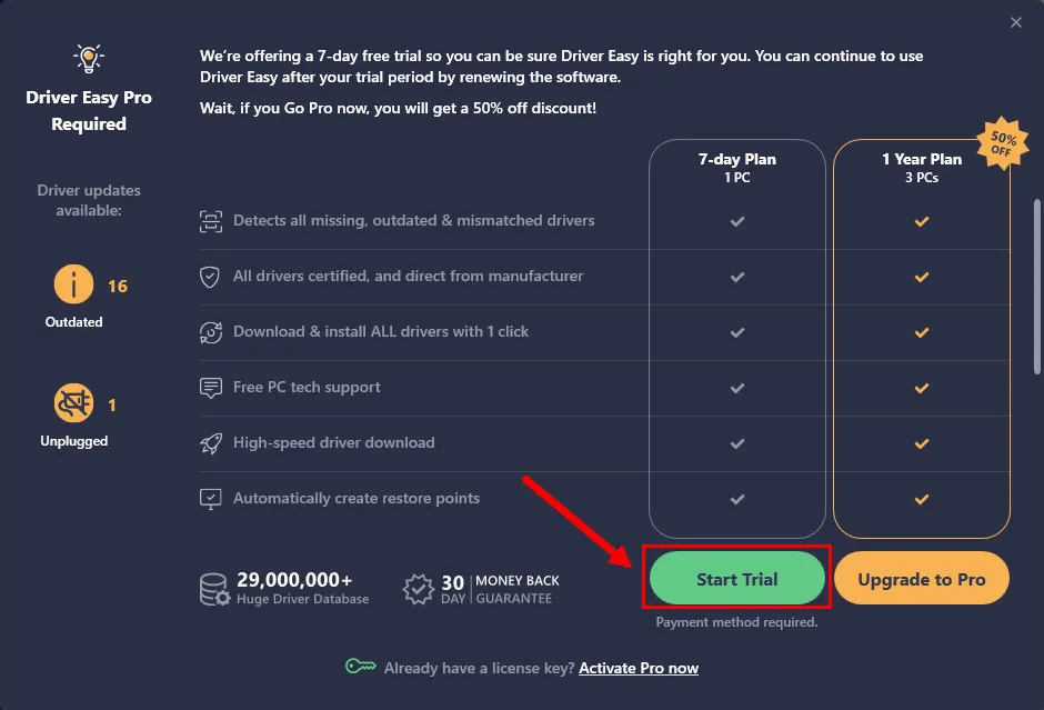 Benutzeroberfläche von Driver Easy, die zum Starten der kostenlosen Testversion auffordert