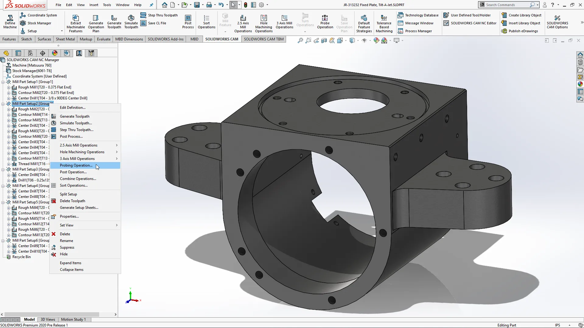 Benutzeroberfläche von SOLIDWORKS CAM 2020 mit hervorgehobenen Bearbeitungsfunktionen
