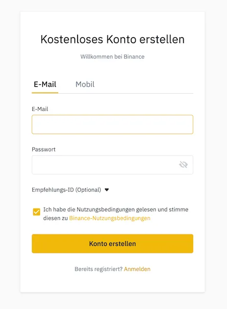 Benutzerregistrierung auf der Binance-Plattform mit E-Mail-Adresse und Passwort