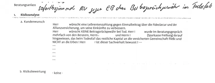Beratungsprotokoll der Sparkasse, das den Ausschluss der Todesfallleistung bei der Sofortrente dokumentiert