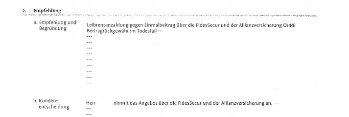 Beratungsprotokoll der Sparkasse zur Empfehlung einer Sofortrente