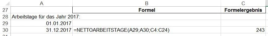 Berechnung der Arbeitstage unter Berücksichtigung von Feiertagen in Excel
