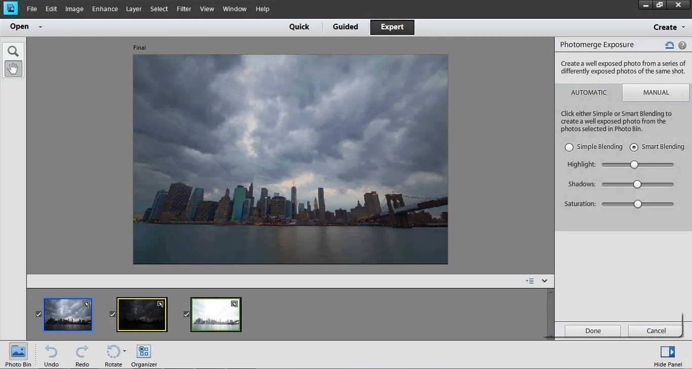 Beschreibung des Dialogfelds "Photomerge Exposure" in Photoshop Elements 11