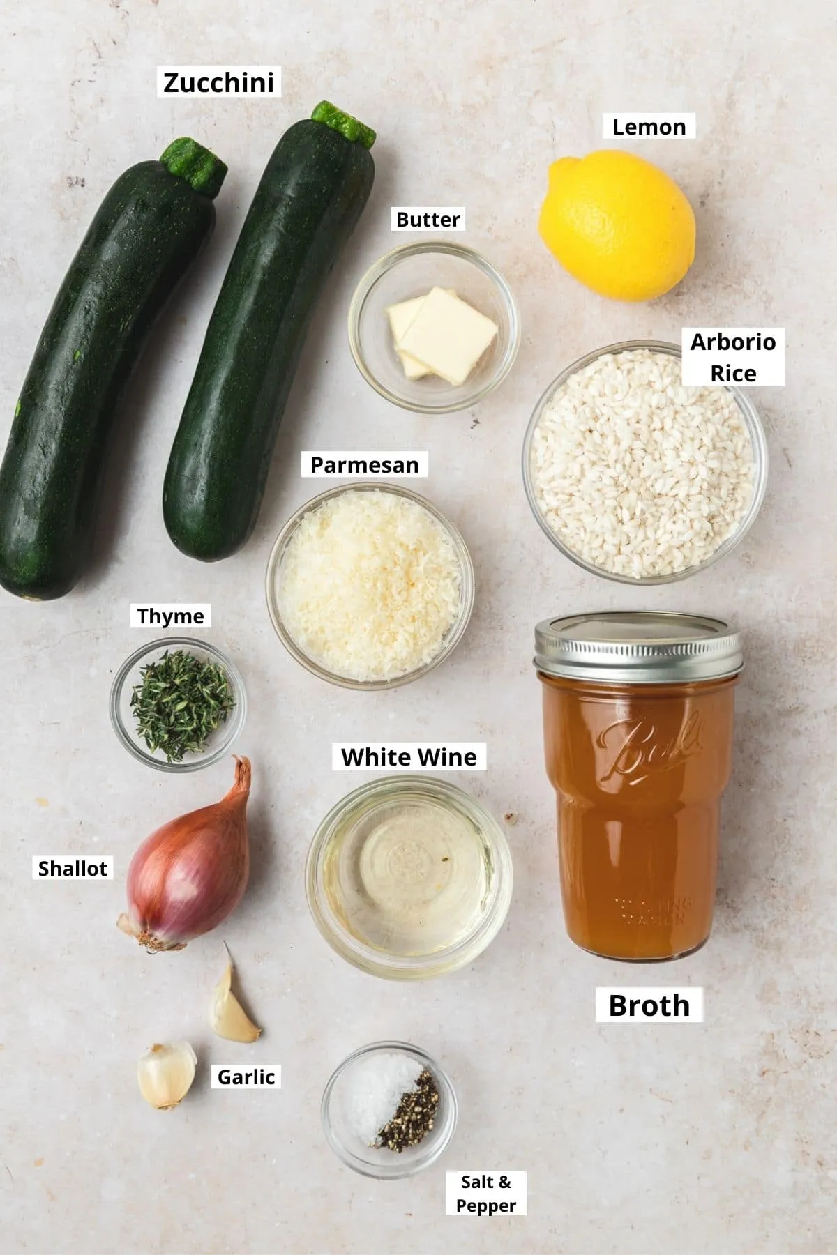 Beschriftete Zutaten für Zucchini Risotto
