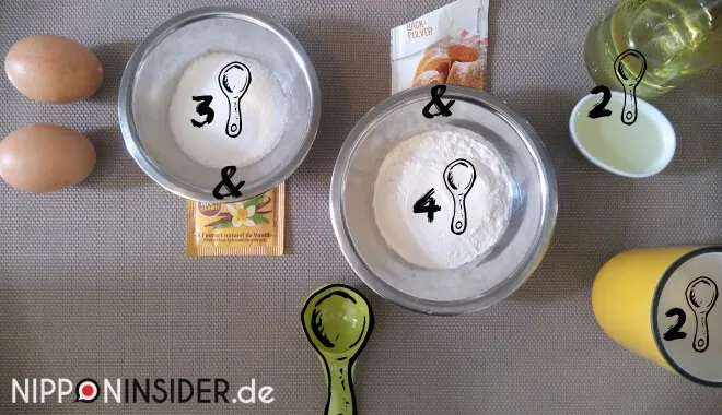 Bild von Zutaten für den japanischen Kuchen im Reiskocher backen: 2 Eier, Zucker, Mehl, Öl, Tasse und Messlöffel | Nipponinsider