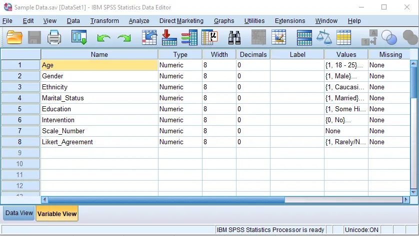 Bildschirmansicht der Benutzeroberfläche des Statistikprogramms SPSS mit geöffneter Datentabelle